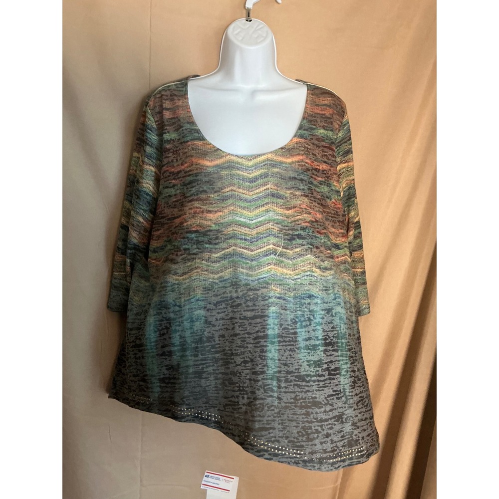Live and Let Live Tunic Woman 2X Multi-Color Excellent Asymmetrical Rhinestone